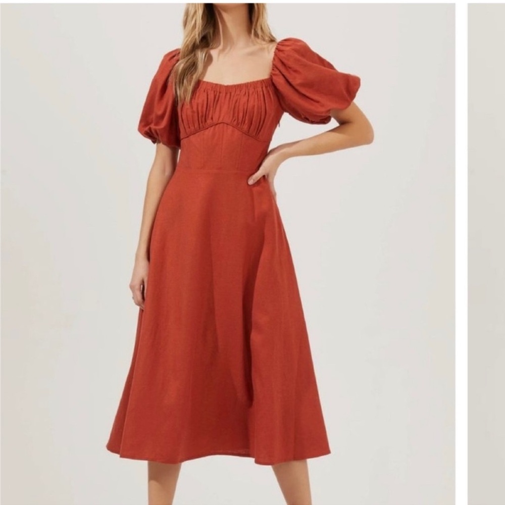 ASTR The Label Linen Terra Cotta Puff Sleeve Midi Dress - Size S
